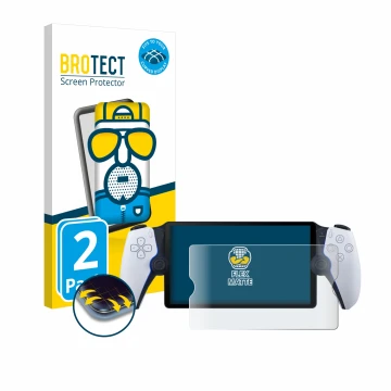 Front side of a product packaging with the brand logo BROTECT. Next to it is the device Sony Playstation Portal shown with the