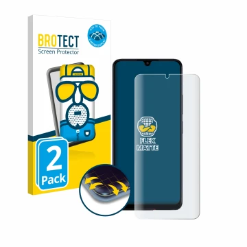 Front side of a product packaging with the brand logo BROTECT. Next to it is the device Xiaomi Poco C65 shown with the corresp