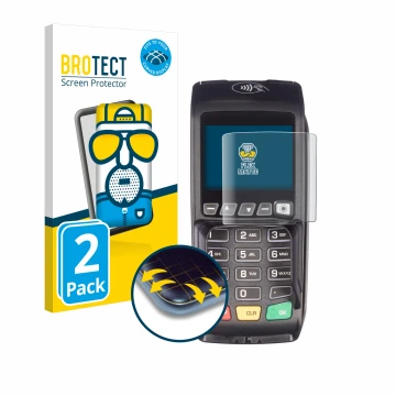 Front side of a product packaging with the brand logo BROTECT. Next to it is the device ingenico Desk/3500 shown with the corr