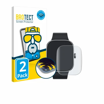 Front side of a product packaging with the brand logo BROTECT. Next to it is the device Xiaomi Redmi Watch 4 shown with the co