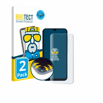 Front side of a product packaging with the brand logo BROTECT. Next to it is the device Samsung Galaxy A15 shown with the corr