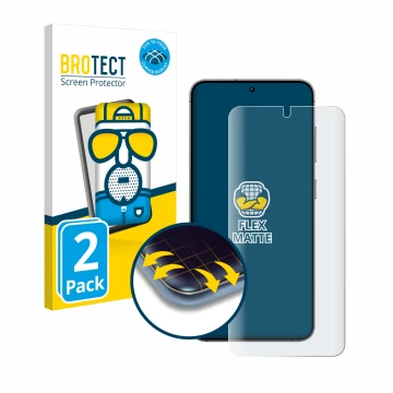 Front side of a product packaging with the brand logo BROTECT. Next to it is the device Samsung Galaxy S24 shown with the corr