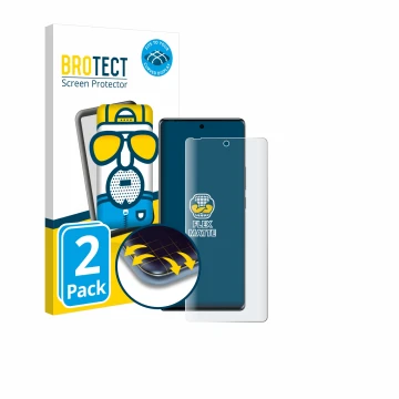 Front side of a product packaging with the brand logo BROTECT. Next to it is the device Tecno Spark 20 Pro Plus shown with the