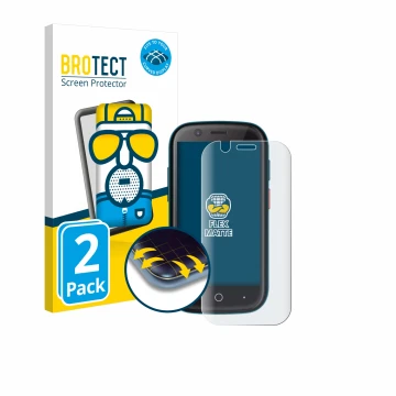 Front side of a product packaging with the brand logo BROTECT. Next to it is the device Unihertz Jelly 2E shown with the corre