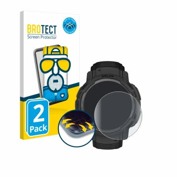 Front side of a product packaging with the brand logo BROTECT. Next to it is the device Garmin Instinct Crossover AMOLED shown