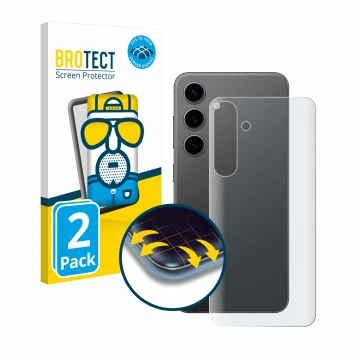 Front side of a product packaging with the brand logo BROTECT. Next to it is the device Samsung Galaxy S24 Plus (Back) shown w