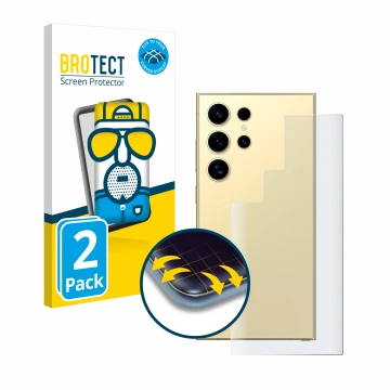 Front side of a product packaging with the brand logo BROTECT. Next to it is the device Samsung Galaxy S24 Ultra (Back) shown 