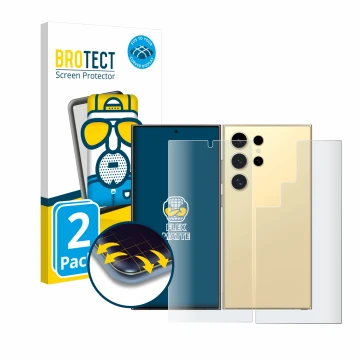 Front side of a product packaging with the brand logo BROTECT. Next to it is the device Samsung Galaxy S24 Ultra (case-friendl