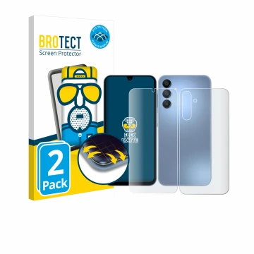 Front side of a product packaging with the brand logo BROTECT. Next to it is the device Samsung Galaxy A15 (Front+Back) shown 