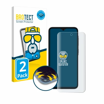 Front side of a product packaging with the brand logo BROTECT. Next to it is the device Samsung Galaxy A35 5G shown with the c