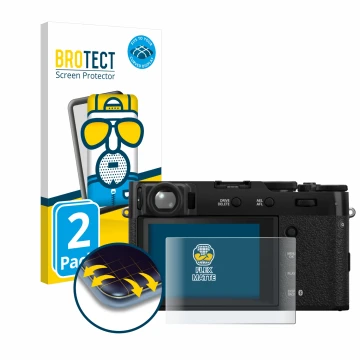 Front side of a product packaging with the brand logo BROTECT. Next to it is the device Fujifilm X100VI shown with the corresp