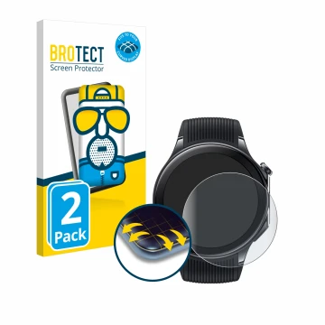 Front side of a product packaging with the brand logo BROTECT. Next to it is the device OnePlus Watch 2 shown with the corresp