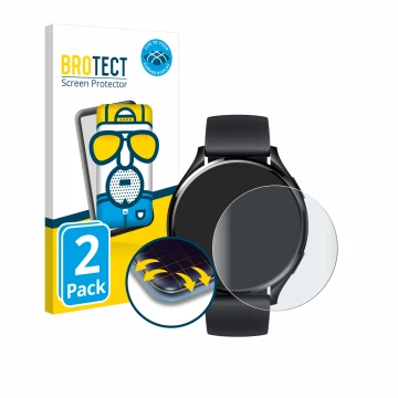 Front side of a product packaging with the brand logo BROTECT. Next to it is the device Xiaomi Watch 2 shown with the correspo