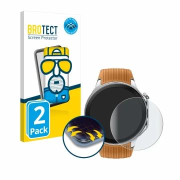 Front side of a product packaging with the brand logo BROTECT. Next to it is the device Oppo Watch X shown with the correspond