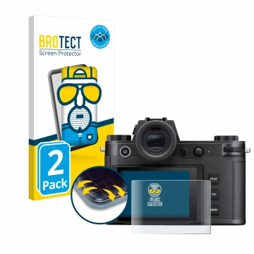 Front side of a product packaging with the brand logo BROTECT. Next to it is the device Leica SL3 shown with the corresponding