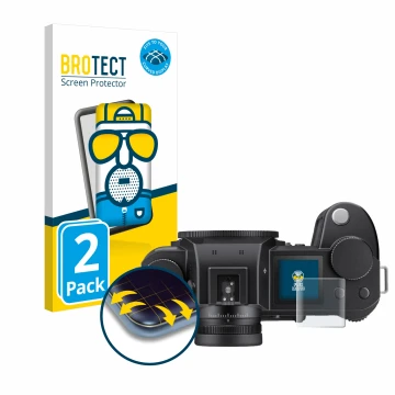 Front side of a product packaging with the brand logo BROTECT. Next to it is the device Leica SL3 (top plate display) shown wi