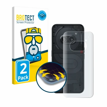 Front side of a product packaging with the brand logo BROTECT. Next to it is the device Nothing Phone (2a) (Back) shown with t