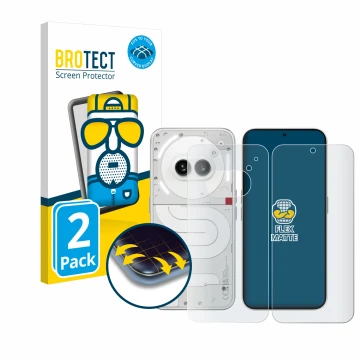 Front side of a product packaging with the brand logo BROTECT. Next to it is the device Nothing Phone (2a) (Front+Back) shown 