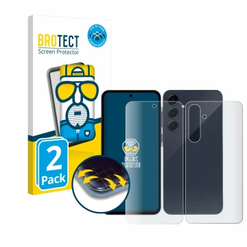 Front side of a product packaging with the brand logo BROTECT. Next to it is the device Samsung Galaxy A55 5G (Front+Back) sho
