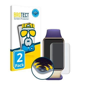 Front side of a product packaging with the brand logo BROTECT. Next to it is the device Honor Band 9 shown with the correspond