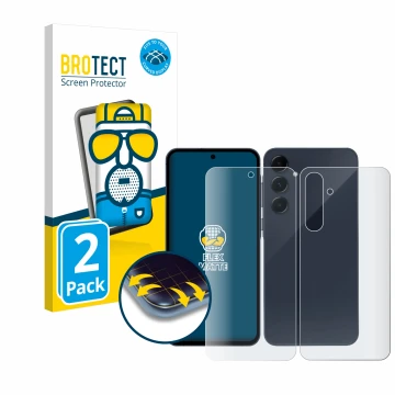 Front side of a product packaging with the brand logo BROTECT. Next to it is the device Samsung Galaxy A35 5G (Front+Back) sho