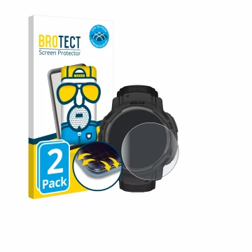 Front side of a product packaging with the brand logo BROTECT. Next to it is the device Garmin Instinct Crossover Solar shown 