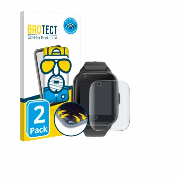 Front side of a product packaging with the brand logo BROTECT. Next to it is the device Leotec Kids Allo Plus 4G shown with th