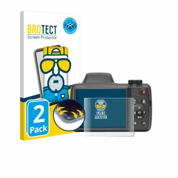 Front side of a product packaging with the brand logo BROTECT. Next to it is the device Kodak Pixpro AZ528 shown with the corr