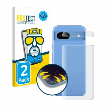 Front side of a product packaging with the brand logo BROTECT. Next to it is the device Google Pixel 8a (Back) shown with the 