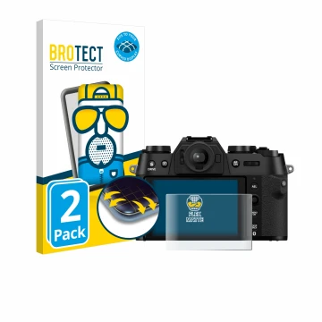 Front side of a product packaging with the brand logo BROTECT. Next to it is the device Fujifilm X-T50 shown with the correspo