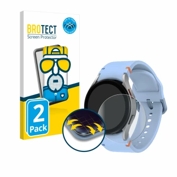 Front side of a product packaging with the brand logo BROTECT. Next to it is the device Samsung Galaxy Watch FE shown with the