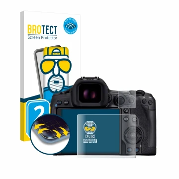 Front side of a product packaging with the brand logo BROTECT. Next to it is the device Canon EOS R5 Mark II shown with the co