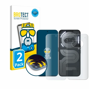 Front side of a product packaging with the brand logo BROTECT. Next to it is the device Nothing Phone (2a) Plus (Front+Back) s