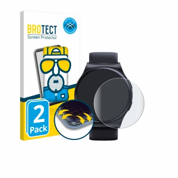 Front side of a product packaging with the brand logo BROTECT. Next to it is the device Motorola Moto Watch 120 shown with the