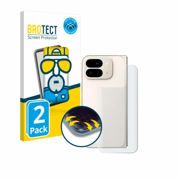 Front side of a product packaging with the brand logo BROTECT. Next to it is the device Google Pixel 9 Pro Fold (Back) shown w