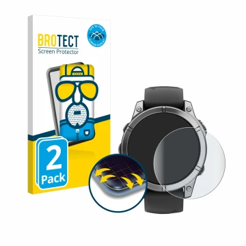 Front side of a product packaging with the brand logo BROTECT. Next to it is the device Garmin Fenix E shown with the correspo