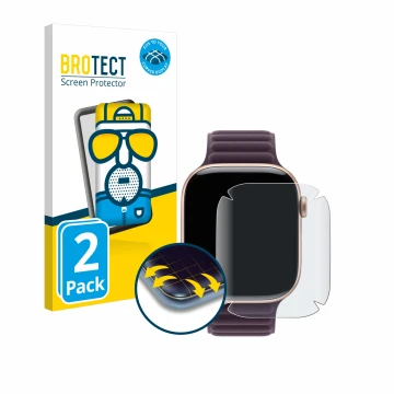 Front side of a product packaging with the brand logo BROTECT. Next to it is the device Apple Watch Series 10 (42 mm) shown wi