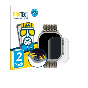 Front side of a product packaging with the brand logo BROTECT. Next to it is the device Apple Watch Ultra 3 shown with the cor