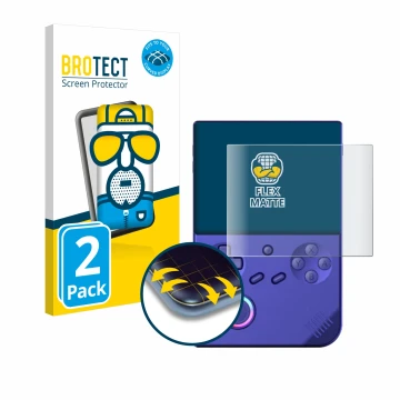 Front side of a product packaging with the brand logo BROTECT. Next to it is the device Anbernic RG40XXV shown with the corres