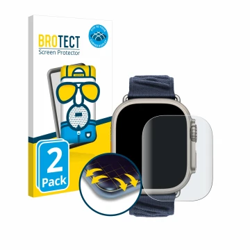 Front side of a product packaging with the brand logo BROTECT. Next to it is the device Apple Watch Hermès Ultra 2 shown with 