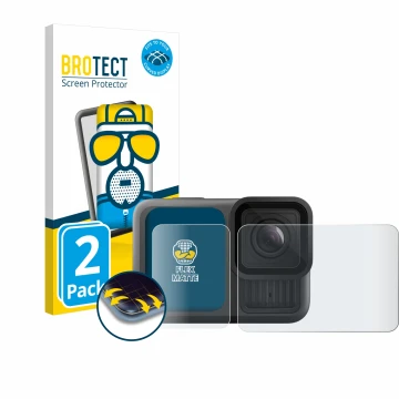 Front side of a product packaging with the brand logo BROTECT. Next to it is the device GoPro Hero 13 Black shown with the cor