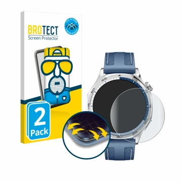 Front side of a product packaging with the brand logo BROTECT. Next to it is the device Huawei Watch GT 5 (46 mm) shown with t