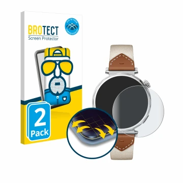 Front side of a product packaging with the brand logo BROTECT. Next to it is the device Huawei Watch GT 5 (41 mm) shown with t