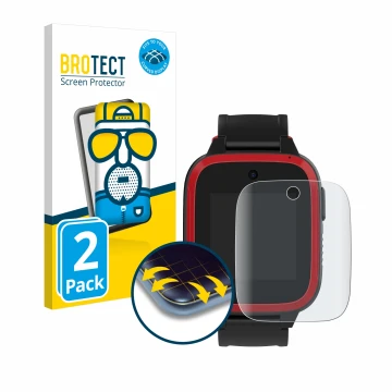 Front side of a product packaging with the brand logo BROTECT. Next to it is the device Xplora Let's Go shown with the corresp