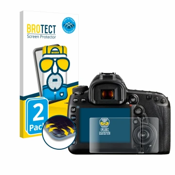 Front side of a product packaging with the brand logo BROTECT. Next to it is the device Canon EOS 5D Mark IV (Display + top pl