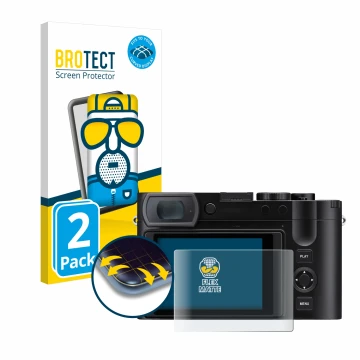 Front side of a product packaging with the brand logo BROTECT. Next to it is the device Leica Q3 43 shown with the correspondi