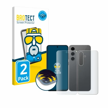 Front side of a product packaging with the brand logo BROTECT. Next to it is the device Samsung Galaxy S24 FE (Front+Back) sho
