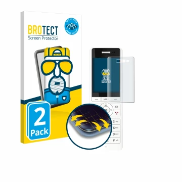 Front side of a product packaging with the brand logo BROTECT. Next to it is the device AVM Fritz!Fon X6 White shown with the 