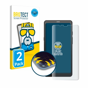 Front side of a product packaging with the brand logo BROTECT. Next to it is the device Boox Palma 2 shown with the correspond