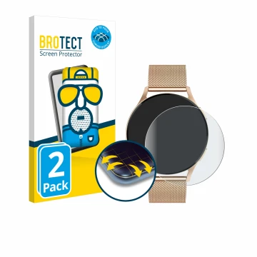Front side of a product packaging with the brand logo BROTECT. Next to it is the device Levowatch Edgy 1.43